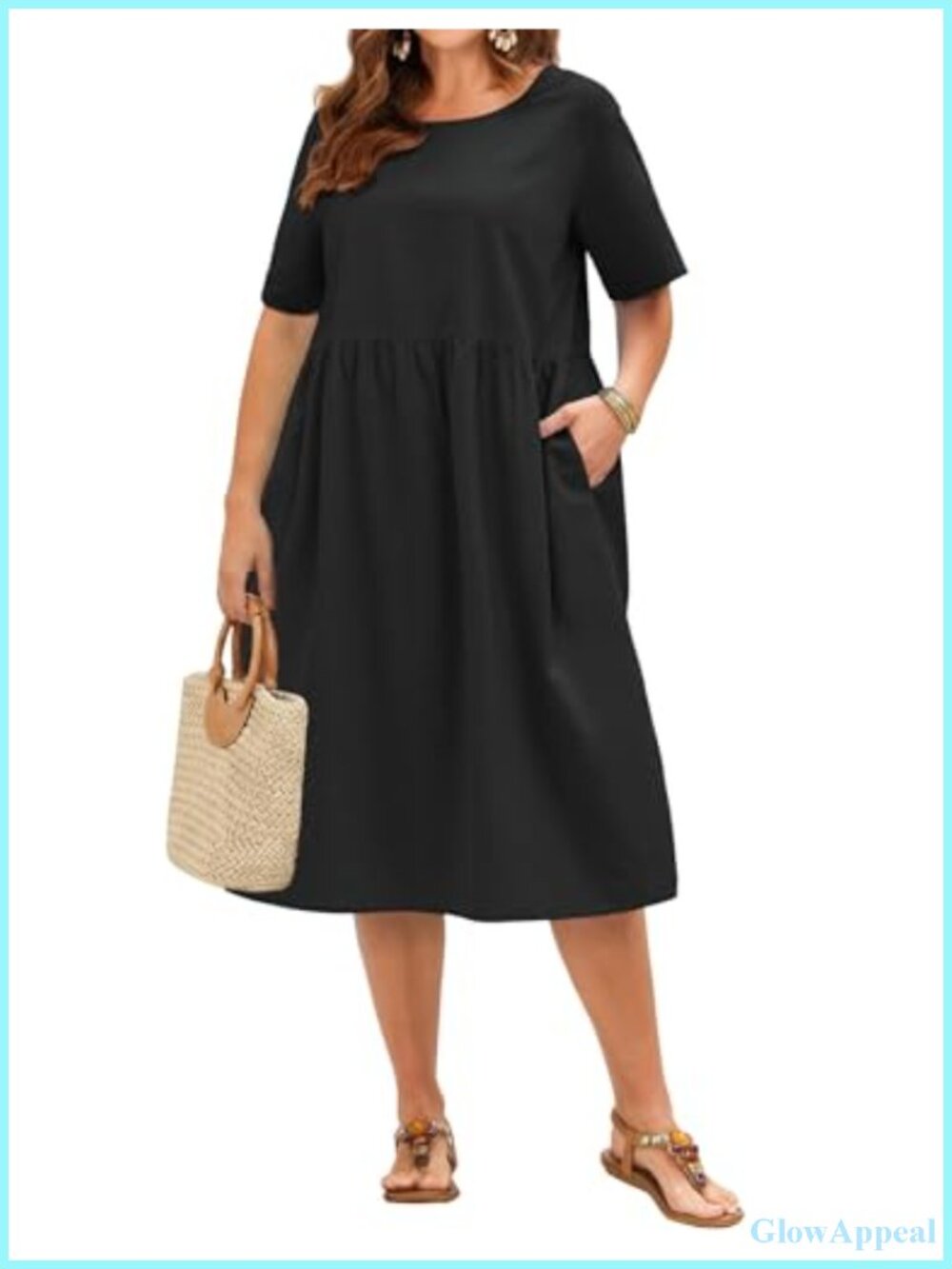Plus Size Cotton Linen Midi Dress Short Sleeve with Pockets